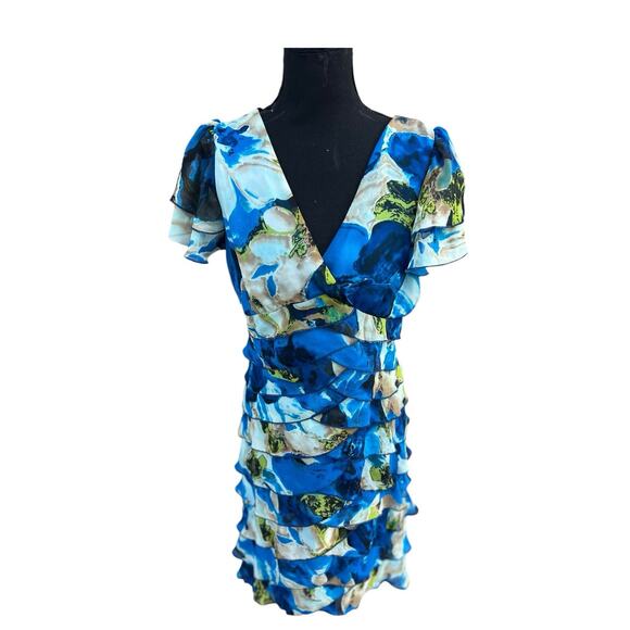 Fashion Bug Blue Floral Dress Flowy Layered Ruffles & Flutter Sleeve Size 12 - Picture 1 of 8